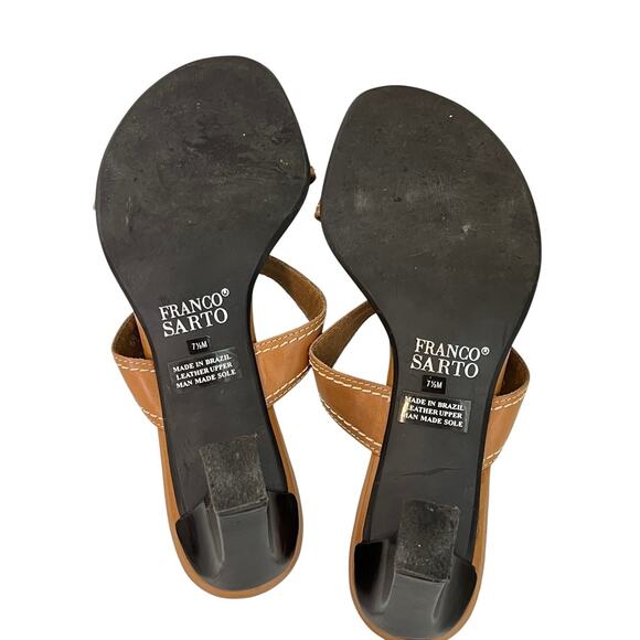 Franco Sarto Womens Sandals 7.5M Brown Tan Leather Slip On Block Heel Y2K Resort - Picture 8 of 10